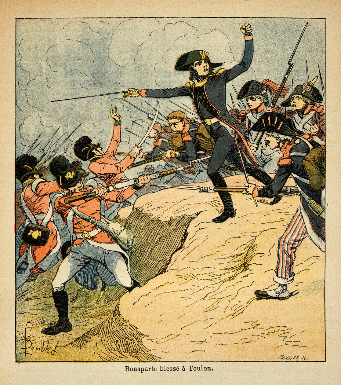 Illustration von Louis Bombled (1862-1927) aus dem Buch „Das Memorial von Saint Helena“ von Graf Emmanuel de Las Cases (1766-1842): Bonaparte wird bei der Belagerung von Toulon verwundet, Privatbesitz von Louis Charles Bombled