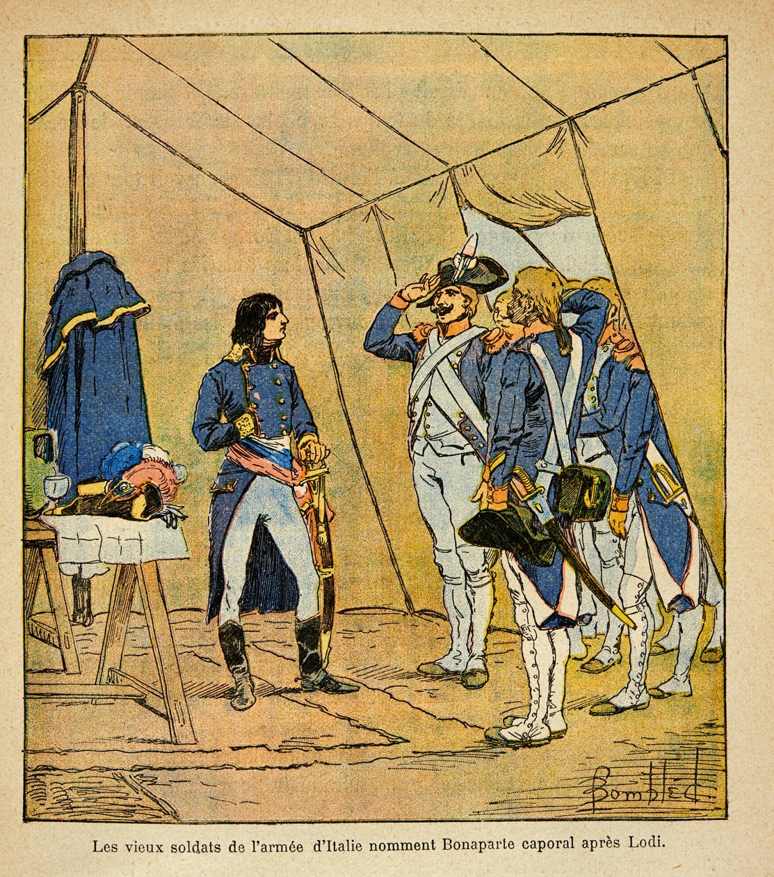 Illustration von Louis Bombled aus dem Buch „Das Memorial von Saint Helene“ von Graf Emmanuel de Las Cases: Die alten Soldaten der italienischen Armee ernannten Bonaparte nach der Schlacht von Lodi 1796 zum Korporal von Louis Charles Bombled