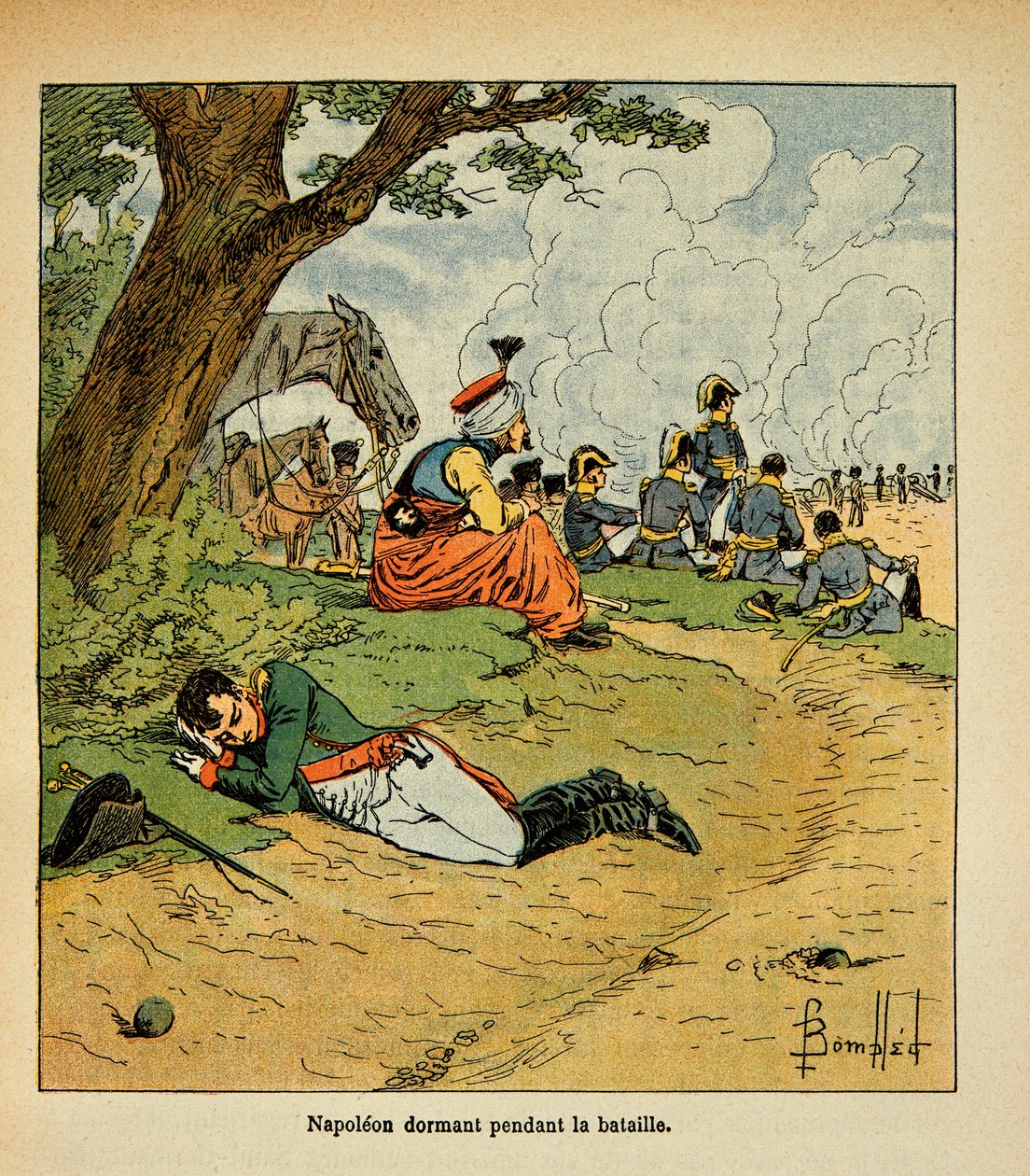 Illustration von Louis Bombled aus dem Buch „Das Memorial von Saint Helene“ von Graf Emmanuel de Las Cases: Der Kaiser Napoleon schläft während der Schlacht von Louis Charles Bombled