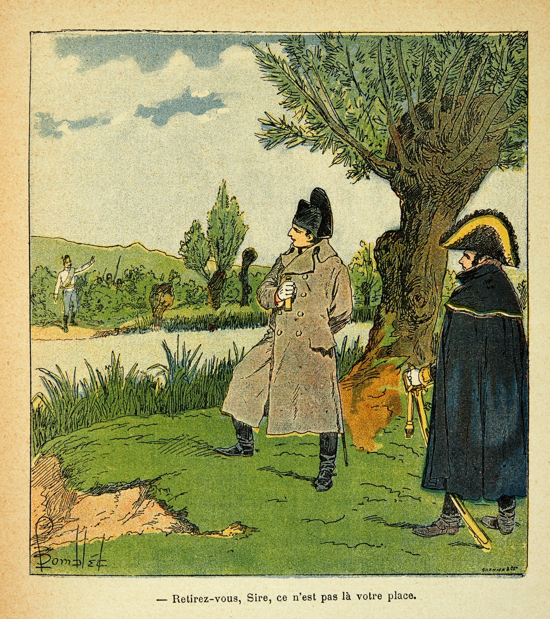 Illustration von Louis Bombled aus dem Buch „Das Memorial von St. Helene“ von Graf Emmanuel de Las Cases: Auf der Insel Laubo während der Schlacht von Esling, Napoleon riskiert, ein österreichischer Offizier ruft den Kaiser auf von Louis Charles Bombled