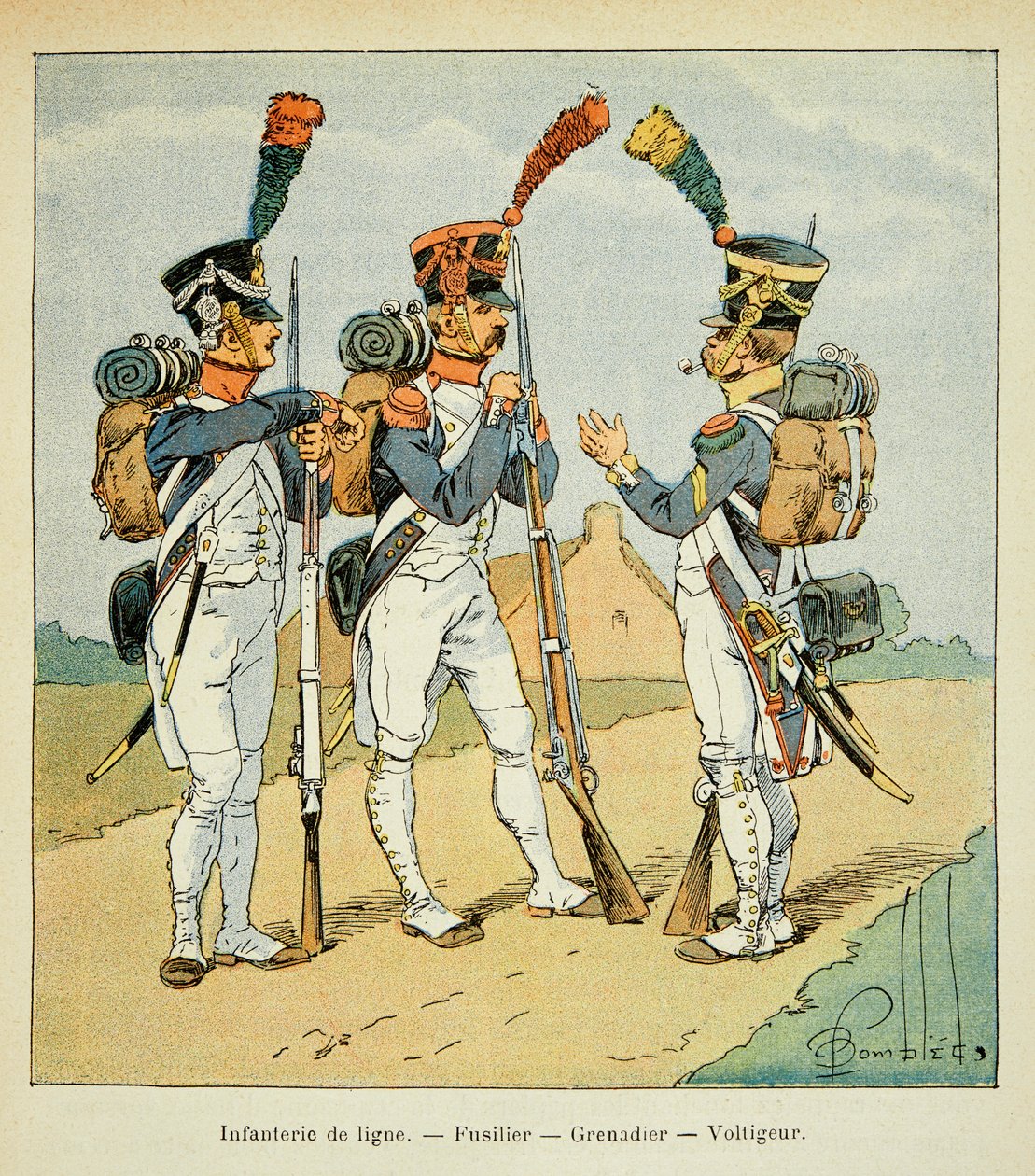 Illustration von Louis Bombled aus dem Buch „Das Memorial von Saint Helene“ von Graf Emmanuel de Las Cases: Französische Armee: Linieninfanterie: Füsilier, Grenadier und Voltigeur, Private Sammlung von Louis Charles Bombled