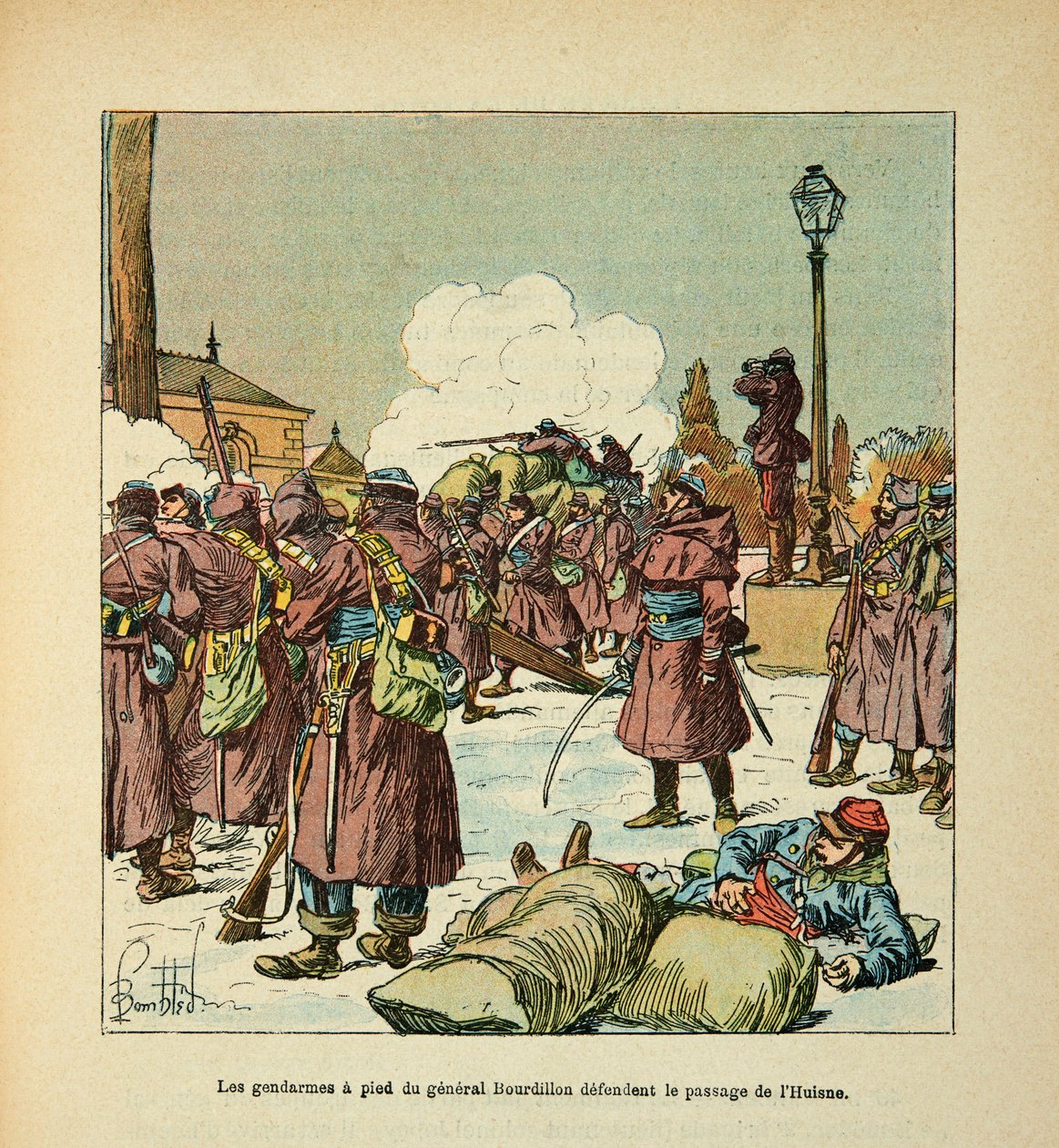 Die Armee der Loire von Eugene Sergent, illustriert von Louis Bombled (Deutsch-Französischer Krieg; Feldzug von 1870-1871): Gendarmen von General Bourdillon verteidigen den Durchgang der Huisne im Januar 1871, Teilsammlung von Louis Charles Bombled