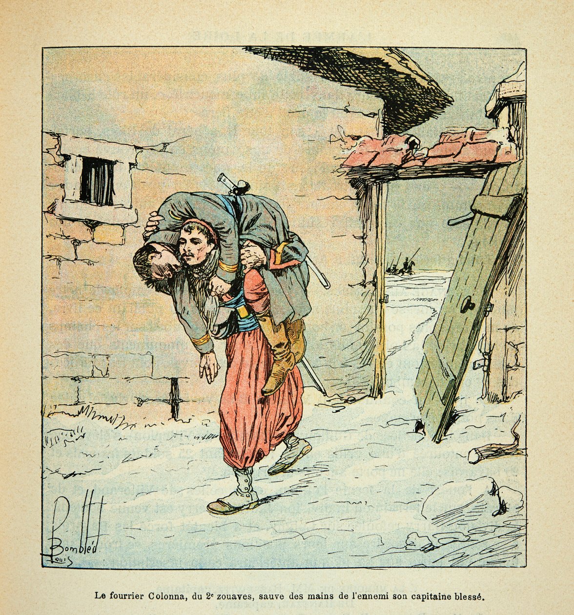 Die Armee der Loire von Eugene Sergent, illustriert von Louis Bombled (Deutsch-Französischer Krieg; Feldzug von 1870-1871): Der Colonna-Fasan der 2. Zuaven rettet seinen verwundeten Hauptmann während der Kämpfe von Poupry im Dezember 1870 vor dem Feind von Louis Charles Bombled