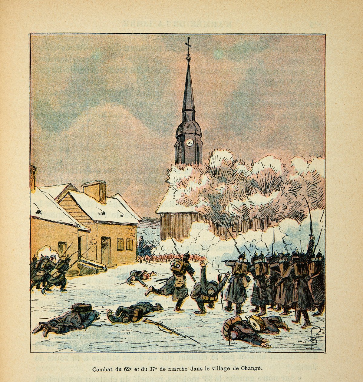 Die Armee der Loire von Eugene Sergent, genannt Grenest, illustriert von Louis Bombled (Französisch-Deutscher Krieg; Feldzug von 1870-1871): Schlacht von 62. und 37. Marsch im Dorf Change im Januar 1871 von Louis Charles Bombled