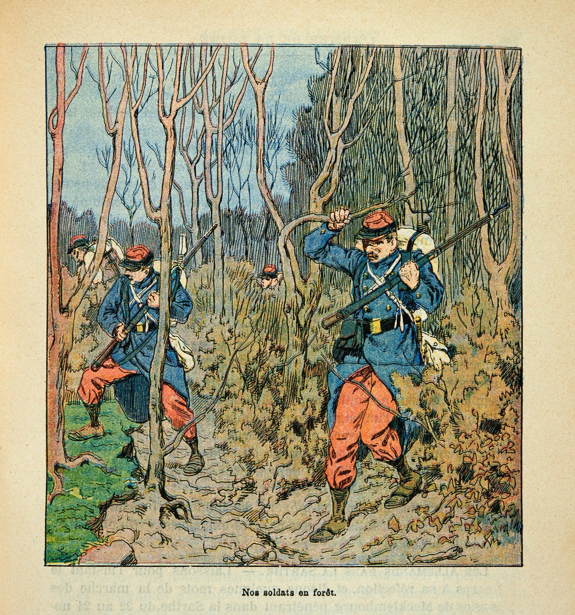 Die Armee der Loire von Eugene Sergent, genannt Grenest, illustriert von Louis Bombled (Französisch-Deutscher Krieg; Feldzug von 1870-1871): Französische Soldaten auf Erkundung im Wald von Orleans von Louis Charles Bombled
