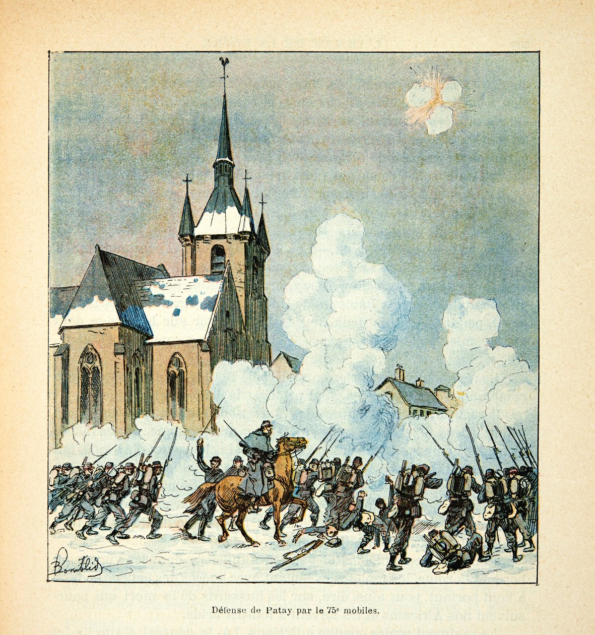 Die Armee der Loire von Eugene Sergent, dit Grenest, illustriert von Louis Bombled (Deutsch-Französischer Krieg; Feldzug von 1870-1871): Verteidigung der Stadt Patay durch die 75. Mobilen im Dezember 1870 von Louis Charles Bombled