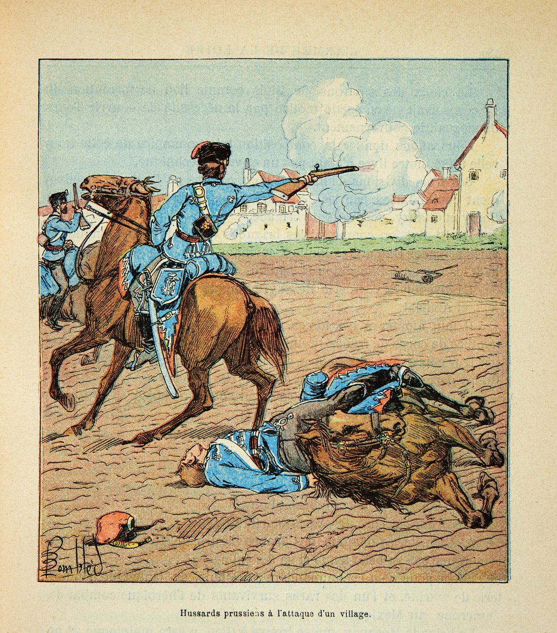 Die Armee der Loire von Eugene Sergent, dit Grenest, illustriert von Louis Bombled (Deutsch-Französischer Krieg; Feldzug von 1870-1871): Preußische Husaren griffen im Oktober 1870 ein Dorf an von Louis Charles Bombled