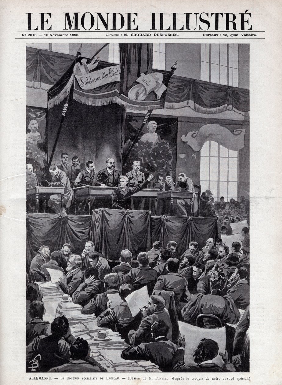 Rede von August Bebel (1840-1913) während des Sozialistenkongresses in Breslau in Deutschland im Jahr 1895 - Gravur in „Die illustrierte Welt“ von 1895 - Zeichnung von Bombled. von Louis Charles Bombled