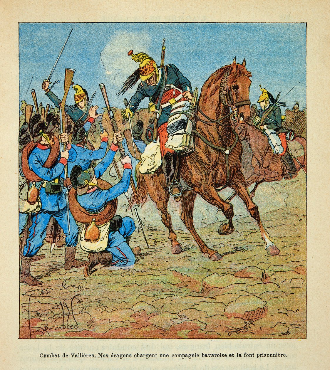 Die Armee der Loire von Eugene Sergent, bekannt als Grenest, illustriert von Louis Bombled (Deutsch-Französischer Krieg; Feldzug von 1870-1871): Schlacht von Vallieres im November 1870, französische Dragoner greifen eine bayerische Kompanie an und nehmen s von Louis Charles Bombled