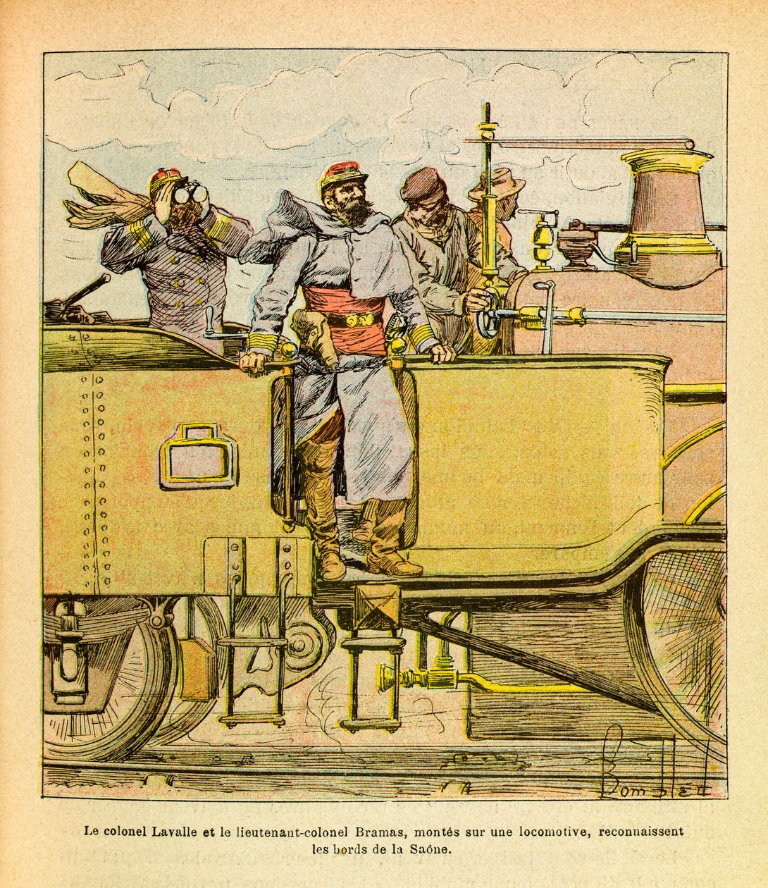 Die Armee des Ostens von Eugene Sergeant, illustriert von Louis Bombled: Im Dezember 1870 erkannten Oberst Lavalle und Oberstleutnant Bramas auf einer Lokomotive die Ufer der Saone von Louis Charles Bombled
