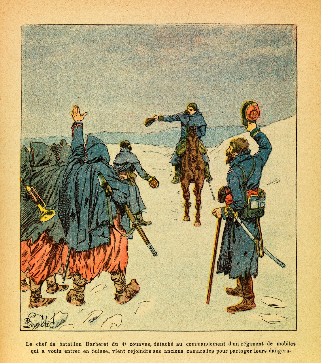 Die Ost-Armee von Eugene Sergeant, genannt Grenest, illustriert von Louis Bombled (1862-1927) (Deutsch-Französischer Krieg; Feldzug von 1870-1871): Der Anführer der Barberet-Bataillone der 4. Zuaven, löst sich, um ein Regiment von Mobilen zu befehligen, da von Louis Charles Bombled