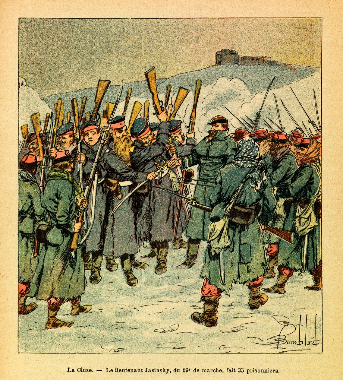 Die Ost-Armee von Eugene Sergeant, genannt Grenest, illustriert von Louis Bombled (1862-1927) (Deutsch-Französischer Krieg; Feldzug von 1870-1871): Februar 1871 während der letzten Kämpfe bei La Cluse macht Leutnant Jasinsky vom 29. Marsch 35 Gefangene, Pr von Louis Charles Bombled