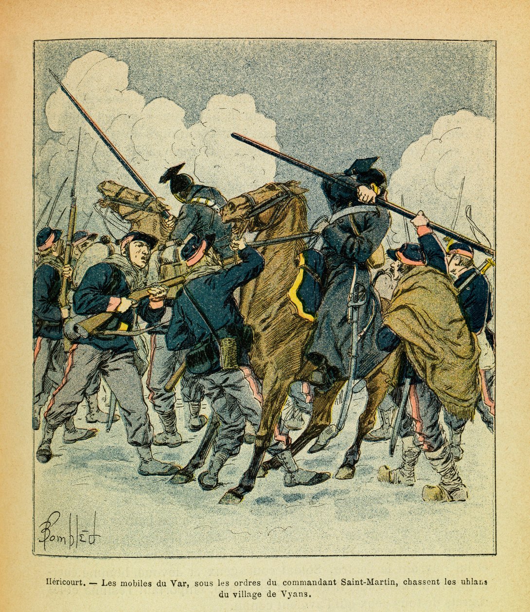 Die Ostarmee von Eugene Sergeant, bekannt als Grenest, illustriert von Louis Bombled (1862-1927) (Deutsch-Französischer Krieg; Feldzug von 1870-1871): Januar 1871, Hericourt, die Motive des Var, unter dem Befehl von Kommandant Saint Martin, jagen die Ulane von Louis Charles Bombled