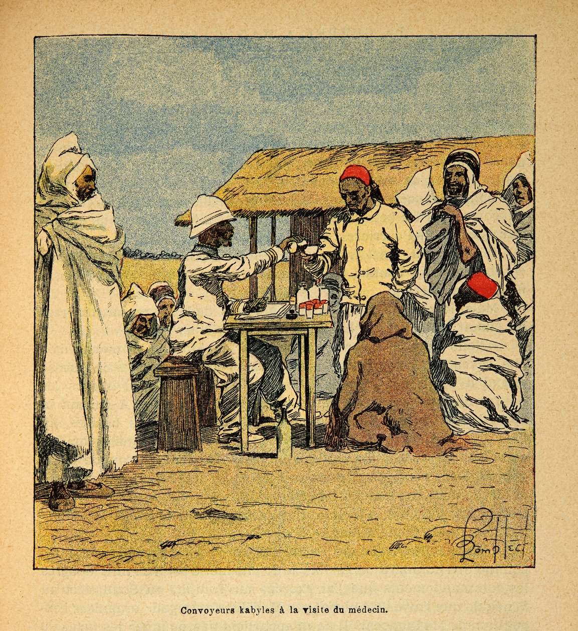 Der Krieg in Madagaskar - Anekdotische Geschichte der französischen Expeditionen von 1885-1895 von Henri Galli dit Galllichet (1854-1922), illustriert von Louis Bombled (1862-1927): Kabiles Konvois bei einem Besuch eines Militärarztes, Private Sammlung von Louis Charles Bombled