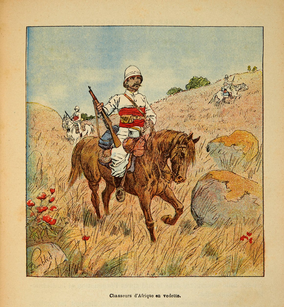 Der Krieg in Madagaskar - Anekdotische Geschichte der französischen Expeditionen von 1885-1895 von Henri Galli dit Galllichet, illustriert von Louis Bombled: Afrikajäger auf Erkundung in Madagaskar im Jahr 1895 von Louis Charles Bombled