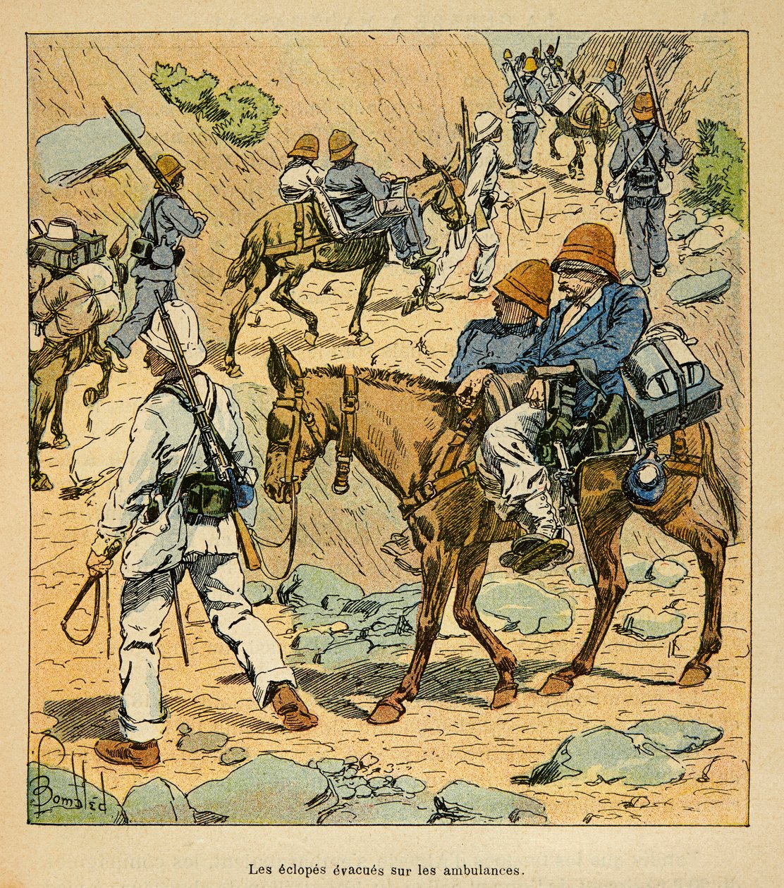 Der Krieg in Madagaskar - Anekdotische Geschichte der französischen Expeditionen von 1885-1895 von Henri Galli dit Galllichet, illustriert von Louis Bombled: Die Eclopes der Armee fliehen auf Glücksambulanzen in Madagaskar von Louis Charles Bombled