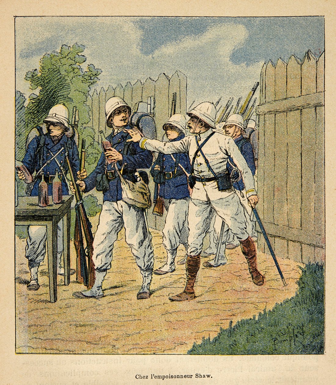 Der Krieg in Madagaskar - Anekdotische Geschichte der französischen Expeditionen von 1885-1895 von Henri Galli dit Galllichet, illustriert von Louis Bombled: Französische Truppen beim Giftmischer Shaw im Jahr 1884 von Louis Charles Bombled