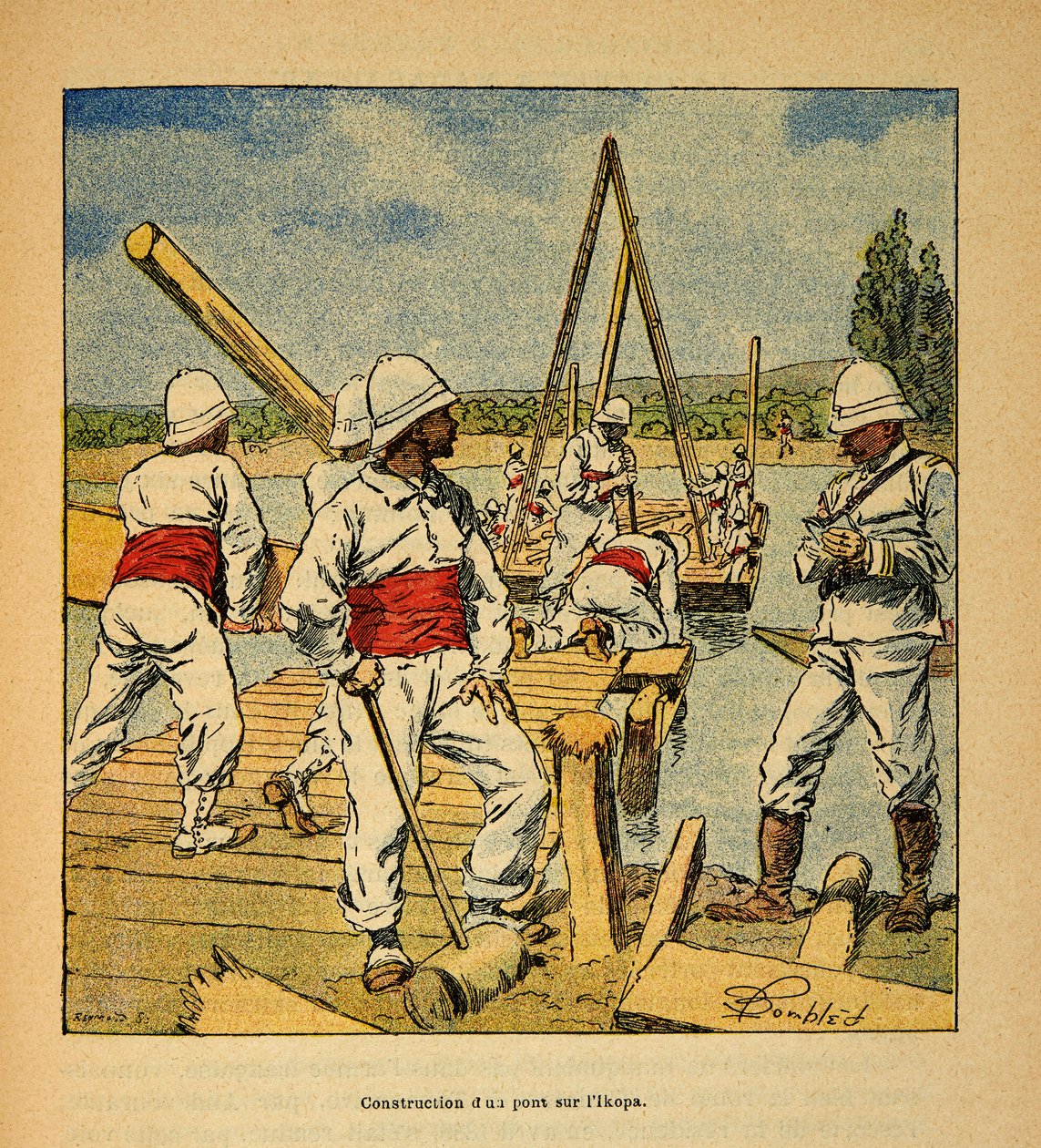 Der Krieg in Madagaskar: Bau einer Brücke am Fluss Ikopa 1895 von Louis Charles Bombled