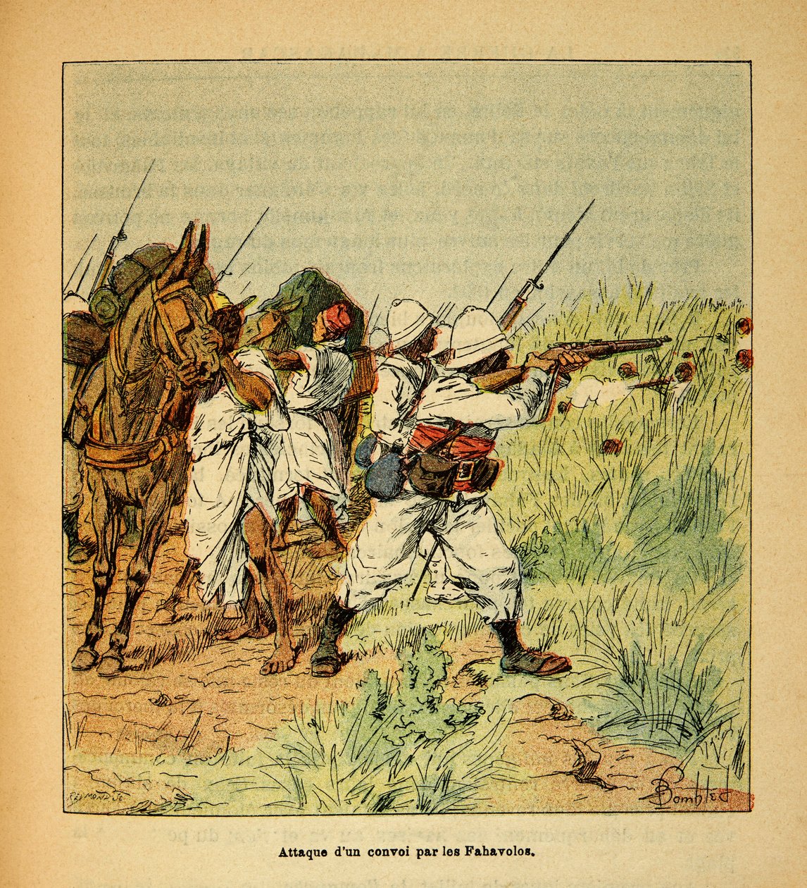 Der Krieg in Madagaskar - Anekdotische Geschichte der französischen Expeditionen von 1885-1895 von Henri Galli dit Galllichet, illustriert von Louis Bombled: Angriff auf einen Militärkonvoi durch die Fahavolos von Louis Charles Bombled