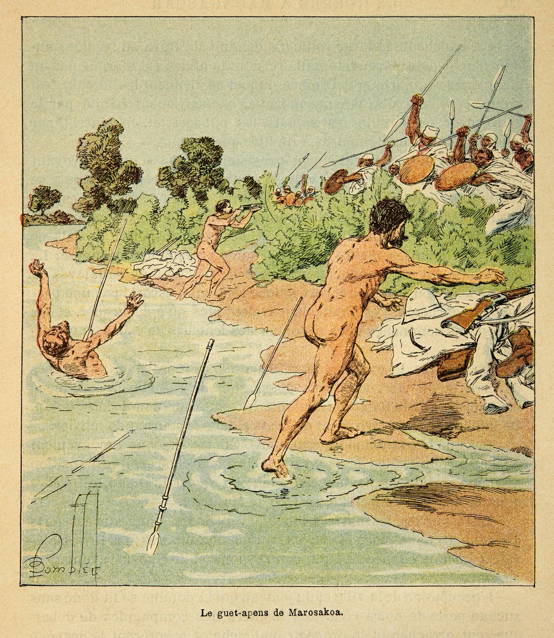 Der Krieg in Madagaskar - Anekdotische Geschichte der französischen Expeditionen von 1885-1895 von Henri Galli dit Galllichet, illustriert von Louis Bombled: Sakalaves greifen französische Unterhändler in Marosakoa 1895 an von Louis Charles Bombled