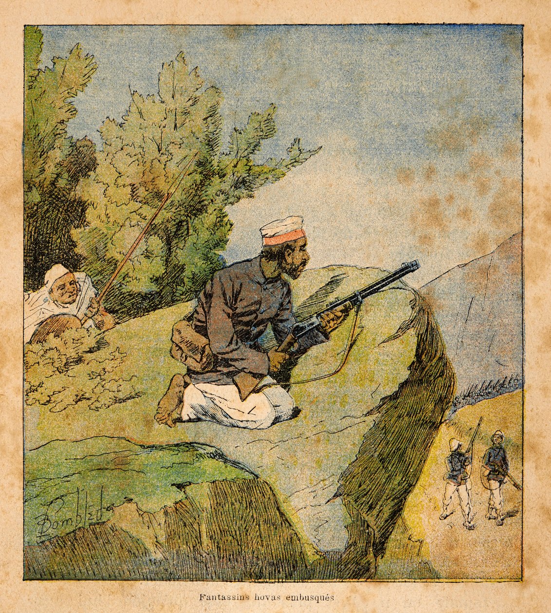 Der Krieg in Madagaskar - Anekdotische Geschichte der französischen Expeditionen von 1885-1895 von Henri Galli dit Galllichet, illustriert von Louis Bombled: Hovas Hinterhalte von Louis Charles Bombled
