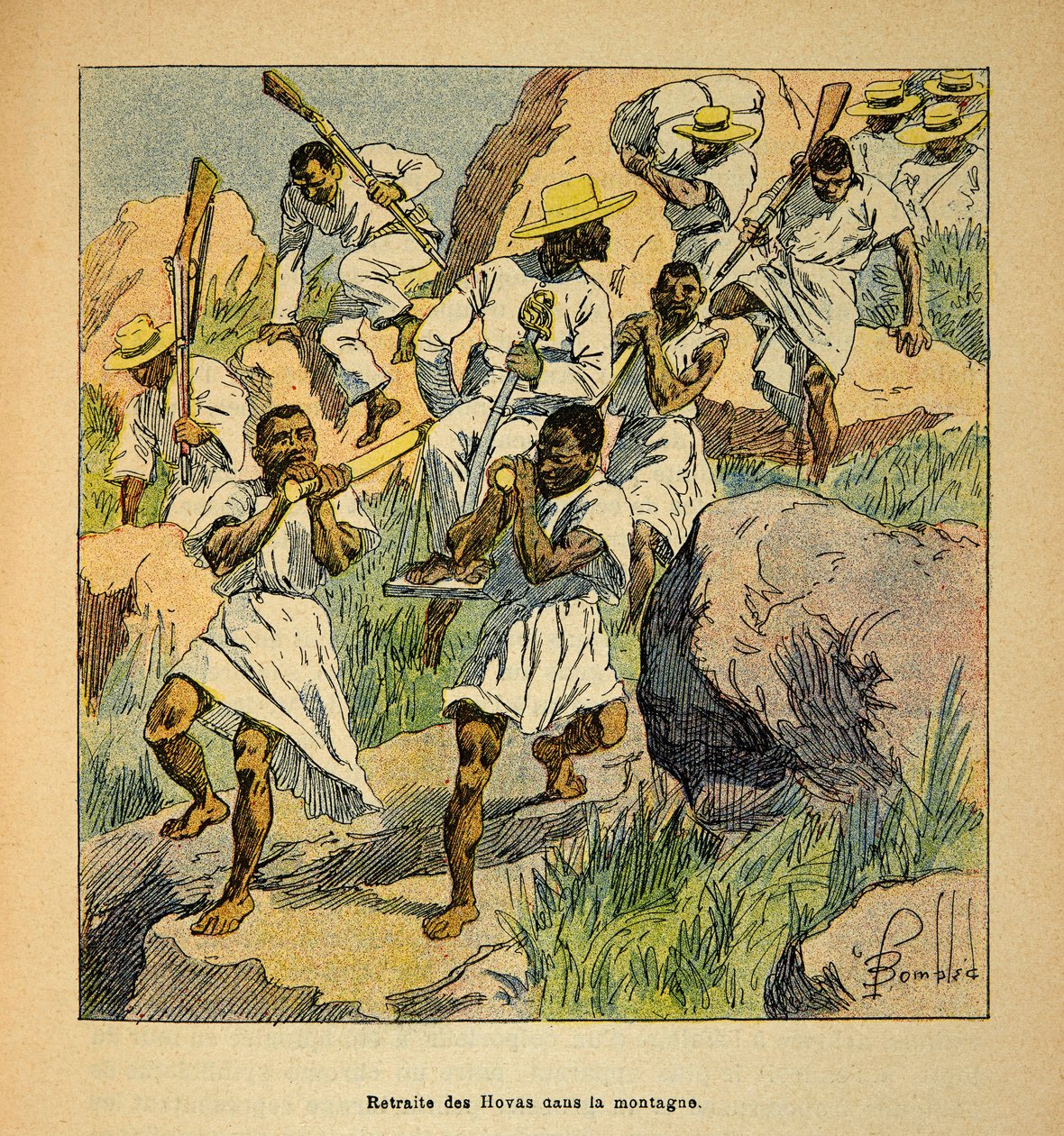 Der Krieg in Madagaskar - Anekdotische Geschichte der französischen Expeditionen von 1885-1895 von Henri Galli dit Galllichet (1854-1922), illustriert von Louis Bombled (1862-1927): Rückzug der Hovas-Truppen in den Bergen, Privatbesitz von Louis Charles Bombled