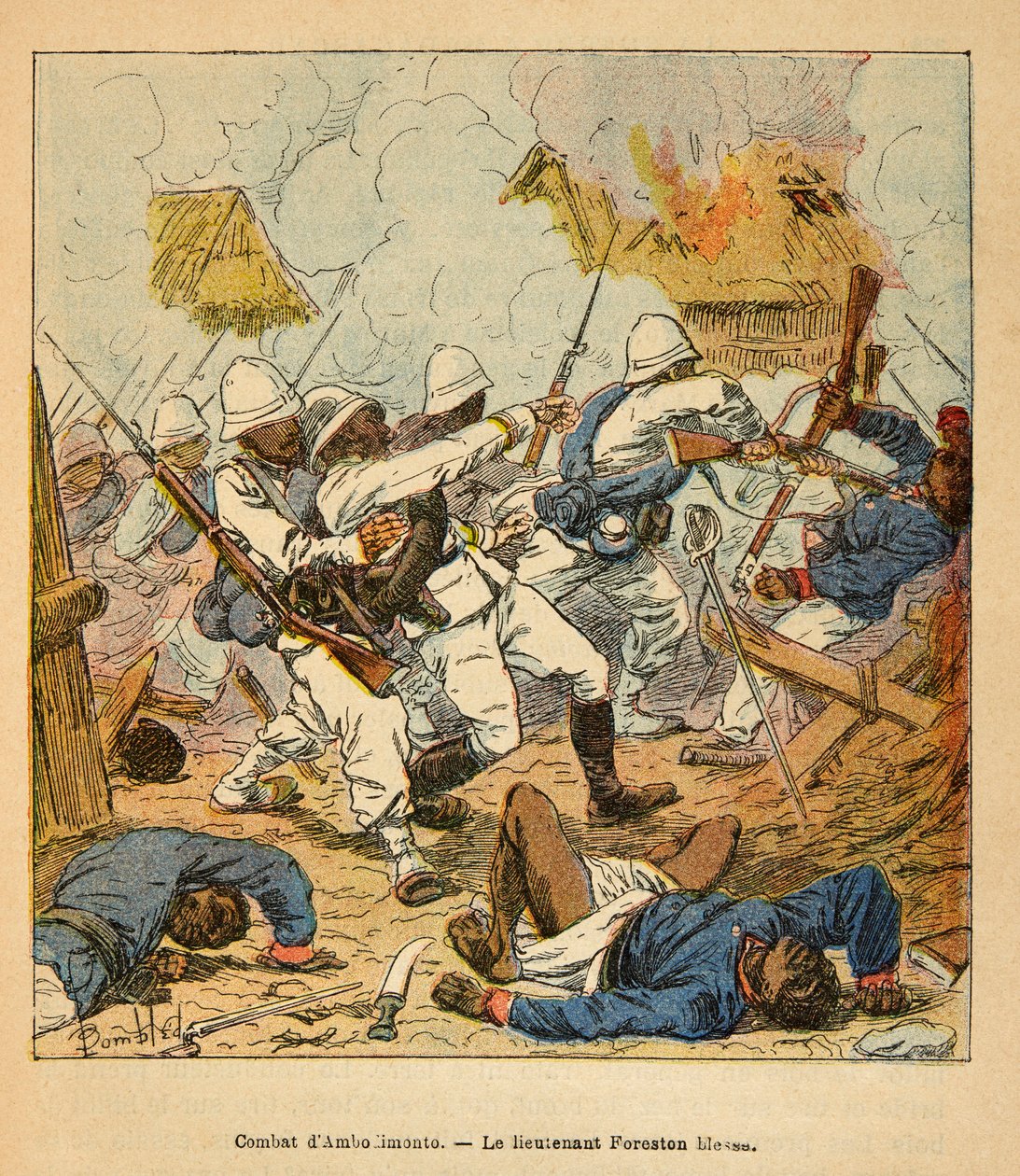 Der Krieg in Madagaskar - Anekdotische Geschichte der französischen Expeditionen von 1885-1895 von Henri Galli dit Galllichet (1854-1922), illustriert von Louis Bombled (1862-1927): Leutnant Foreston wird während der Schlachten von Ambolomonty im Jahr 1895 von Louis Charles Bombled