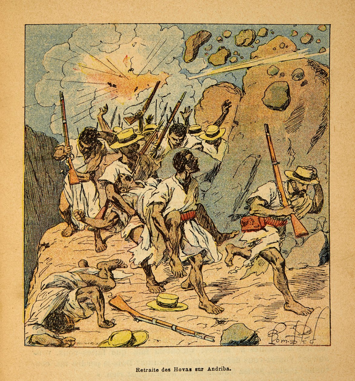 Der Krieg in Madagaskar - Anekdotische Geschichte der französischen Expeditionen von 1885-1895 von Henri Galli dit Galllichet (1854-1922), illustriert von Louis Bombled (1862-1927): Rückzug der Hovas auf Andriba, Privatbesitz von Louis Charles Bombled