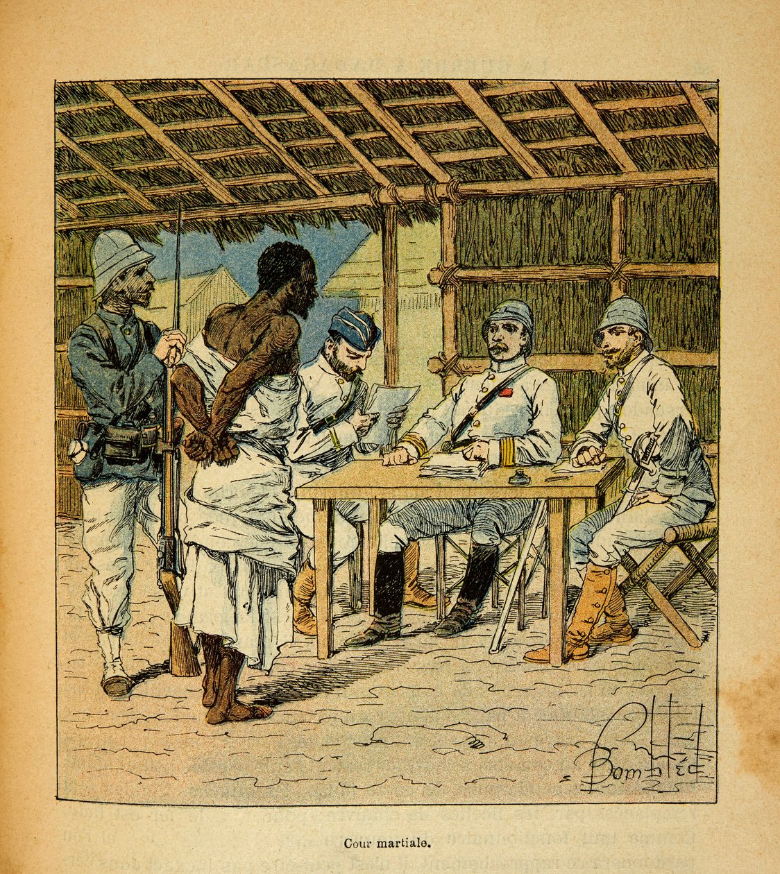 Der Krieg in Madagaskar - Anekdotische Geschichte der französischen Expeditionen von 1885-1895 von Henri Galli dit Galllichet (1854-1922), illustriert von Louis Bombled (1862-1927): Verhör eines Hovas-Gefangenen durch die Franzosen, Privatbesitz von Louis Charles Bombled