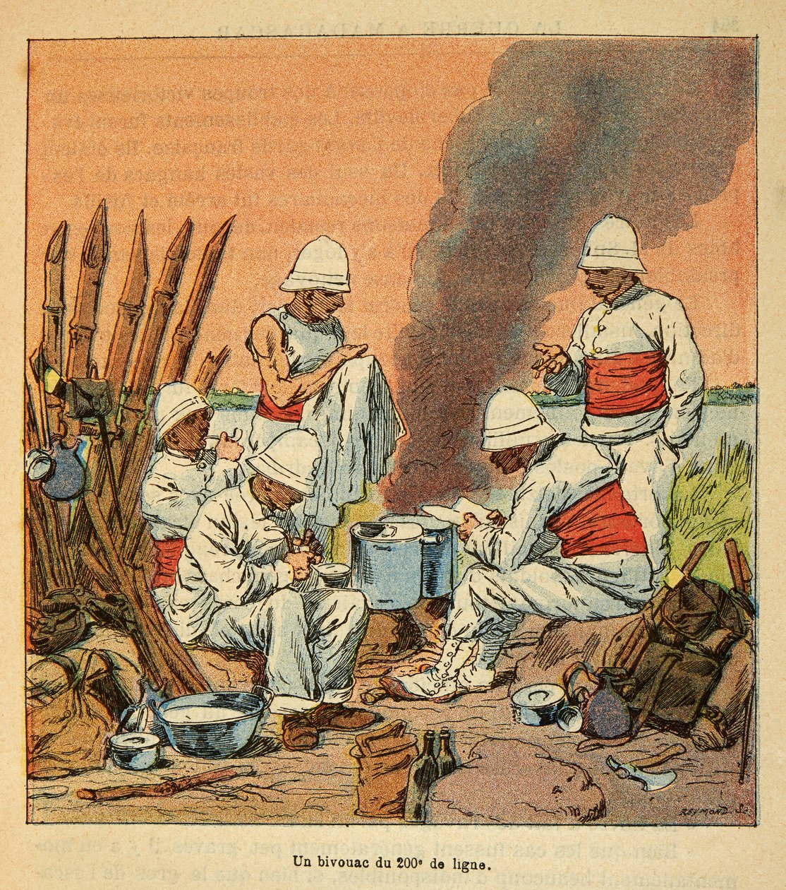 Der Krieg in Madagaskar - Anekdotische Geschichte der französischen Expeditionen von 1885-1895 von Henri Galli dit Galllichet (1854-1922), illustriert von Louis Bombled (1862-1927): Ein Biwak der 200. Linie in Madagaskar im Jahr 1895, Privatbesitz von Louis Charles Bombled