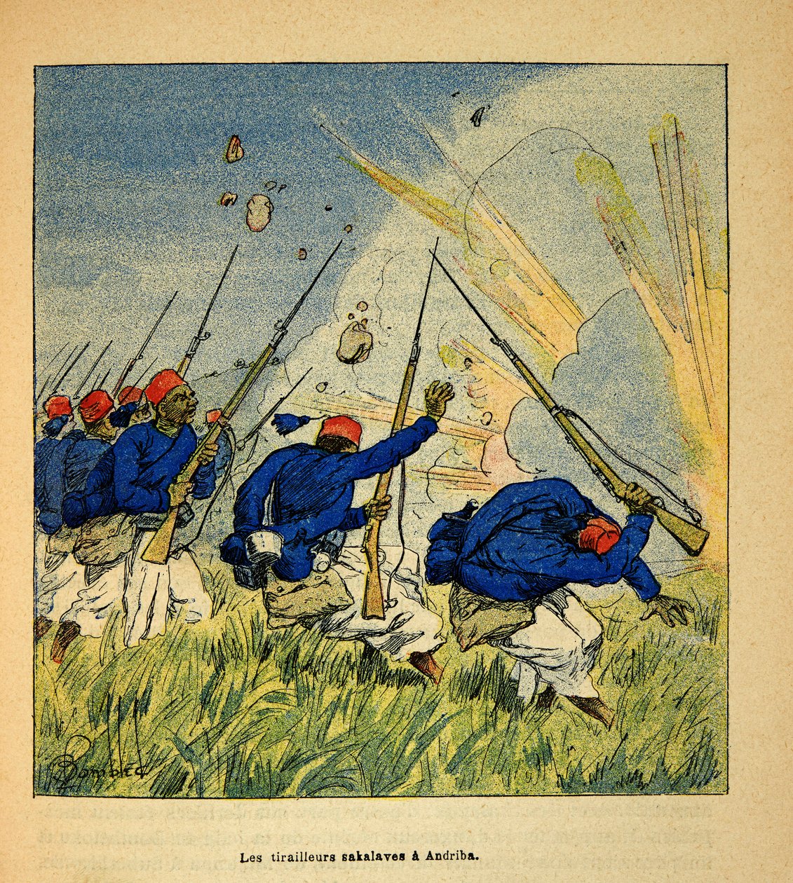 Der Krieg in Madagaskar - Anekdotische Geschichte der französischen Expeditionen von 1885-1895 von Henri Galli, illustriert von Louis Bombled: Die Sakalave-Tirailleure während der Kämpfe in Andriba, 1895 von Louis Charles Bombled