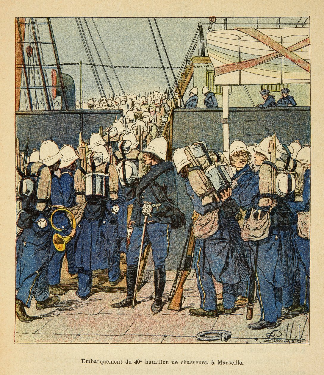 Der Krieg in Madagaskar - Anekdotische Geschichte der französischen Expeditionen von 1885-1895 von Henri Galli dit Galllichet, illustriert von Louis Bombled: Einschiffung des 40. Jägerbataillons in Marseille nach Madagaskar im Jahr 1895 von Louis Charles Bombled