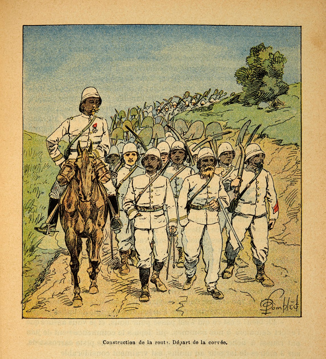 Der Krieg in Madagaskar - Anekdotische Geschichte der französischen Expeditionen von 1885-1895 von Henri Galli dit Galllichet, illustriert von Louis Bombled: Bau einer Straße in Madagaskar, Beginn der Fronarbeit von Louis Charles Bombled