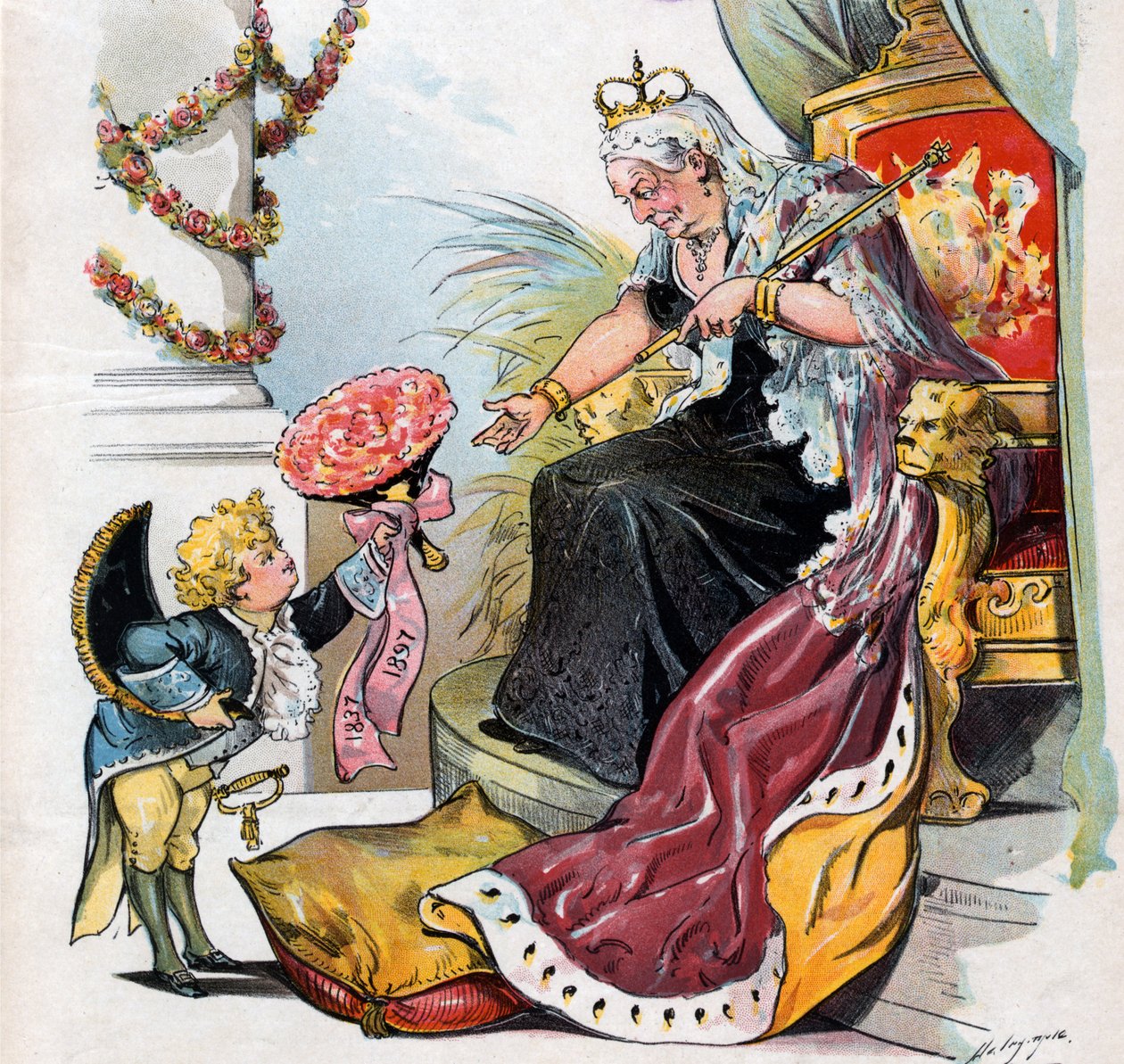 Puck verbeugt sich und überreicht Königin Victoria einen Blumenstrauß mit der Aufschrift "1837 1897" von Louis Dalrymple