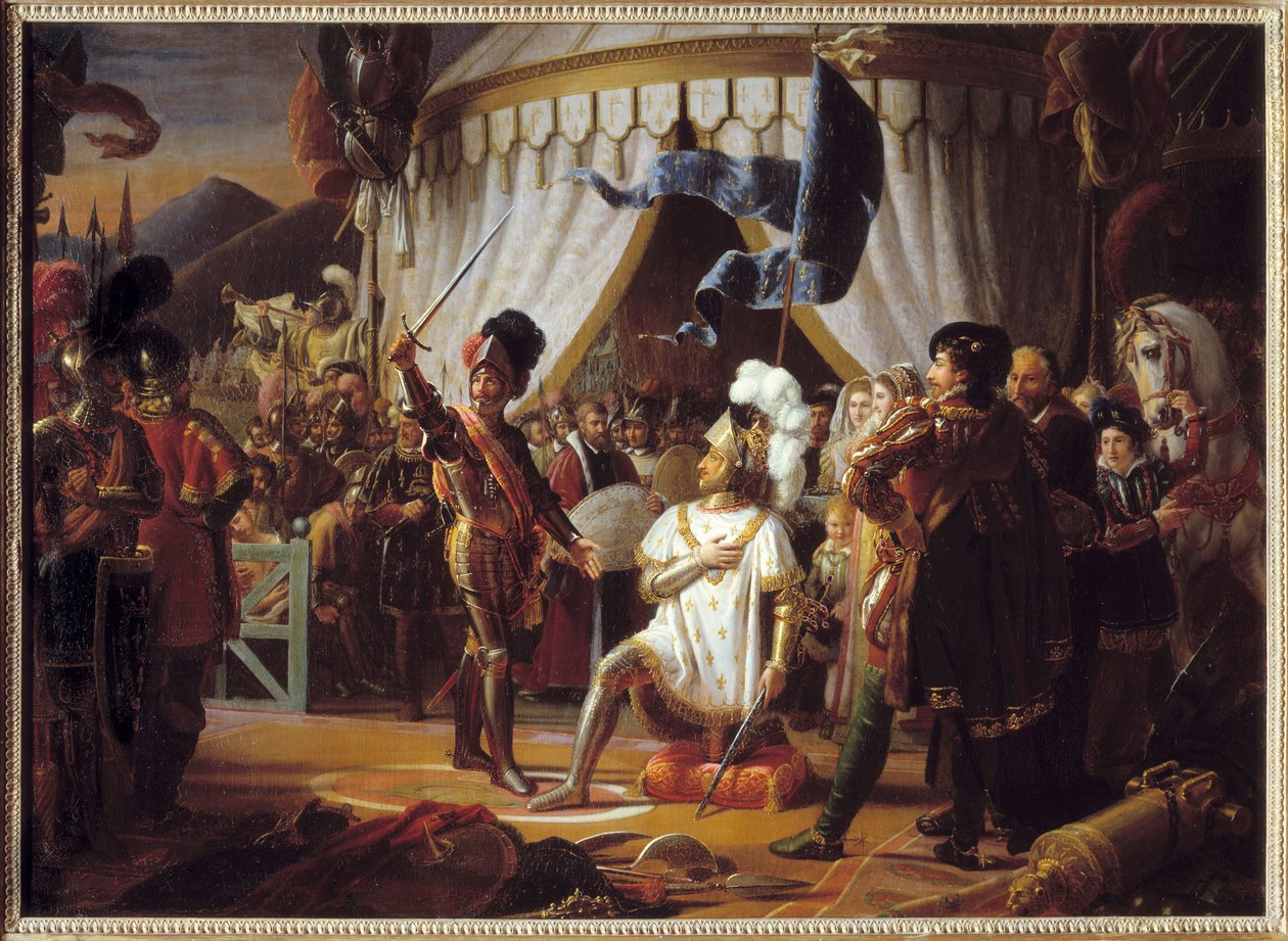 Franz I. von Frankreich bittet den Chevalier Bayard nach dem Sieg in der Schlacht von Marignano, Italien, 1515, zum Ritter geschlagen zu werden von Louis Ducis