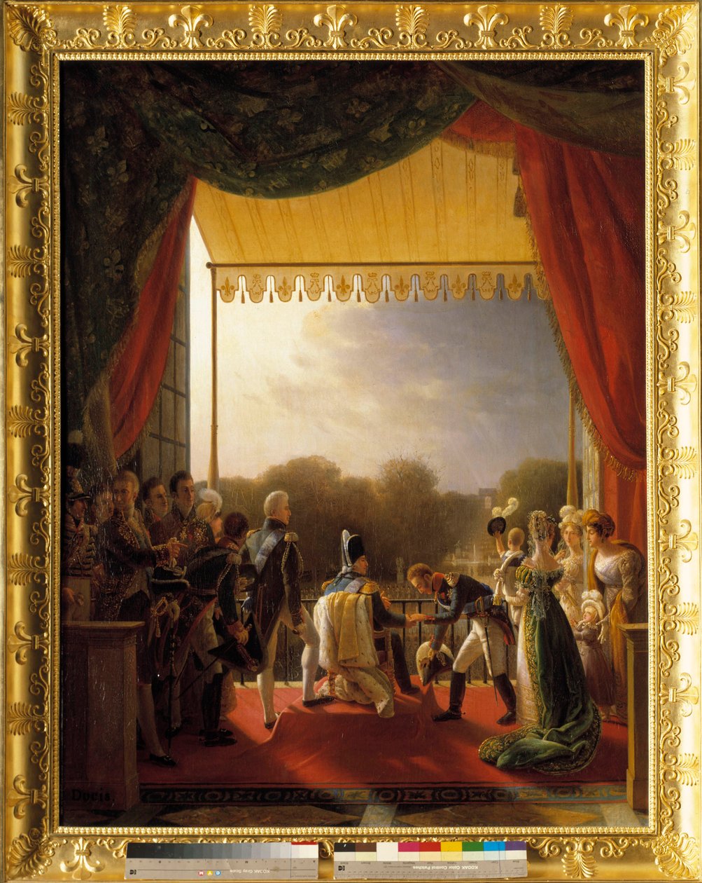 Ludwig XVIII., umgeben von Mitgliedern der königlichen Familie, auf dem Balkon der Tuilerien, bei der Rückkehr der Armee aus Spanien, 2. Dezember von Louis Ducis