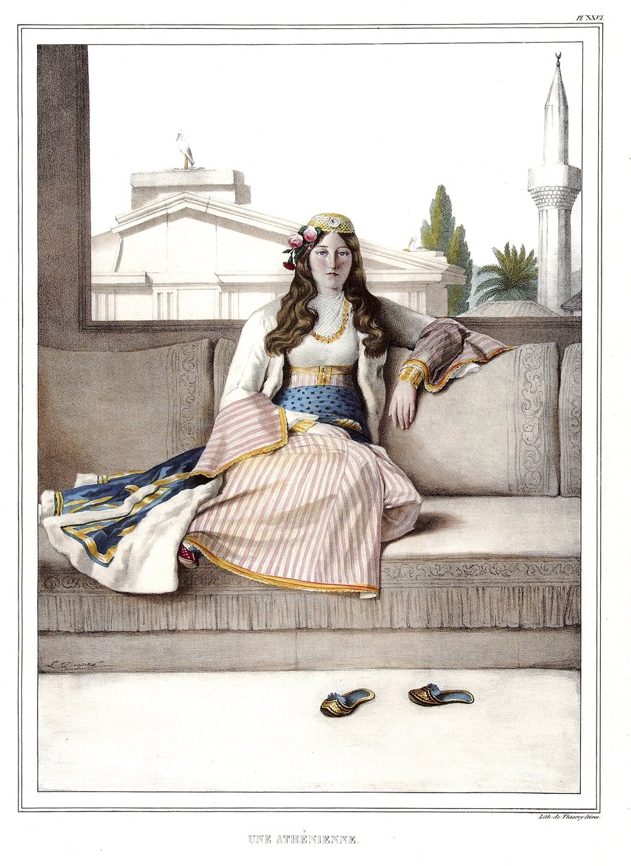 Ein Athener. in „Reise nach Athen und Konstantinopel, oder Sammlung griechischer und osmanischer Porträts, Ansichten und Kostüme, nach der Natur gemalt, lithographiert und koloriert von Louis Dupre (1789-1837), Schüler von David.1825. von Louis Dupré