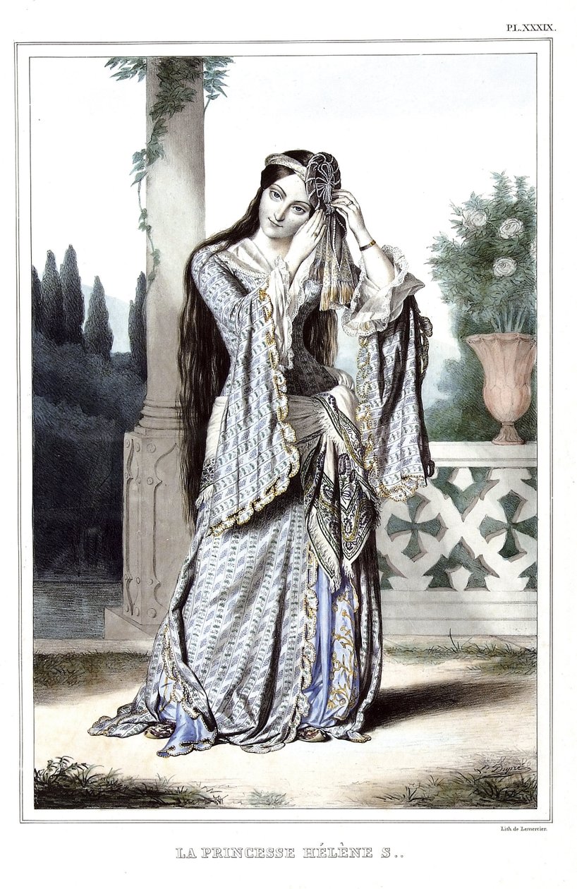 Prinzessin Helene Soutzo. in „Reise nach Athen und Konstantinopel, oder Sammlung griechischer und osmanischer Porträts, Ansichten und Kostüme, nach der Natur gemalt, lithographiert und koloriert von Louis Dupre (1789-1837), Schüler von David.1825. von Louis Dupré