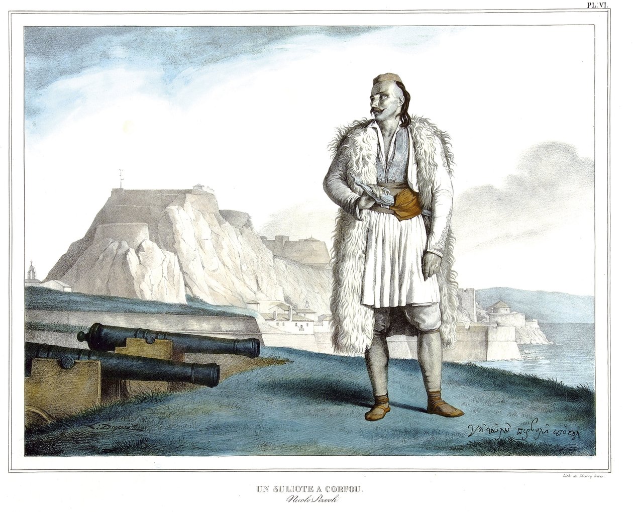 Ein Suliote auf Korfu, Nicolo Pervoli, in „Reise nach Athen und Konstantinopel, oder Sammlung griechischer und osmanischer Porträts, Ansichten und Kostüme, vor Ort nach der Natur gemalt, lithografiert und koloriert von Louis Dupre (1789-1837), Schüler von von Louis Dupré
