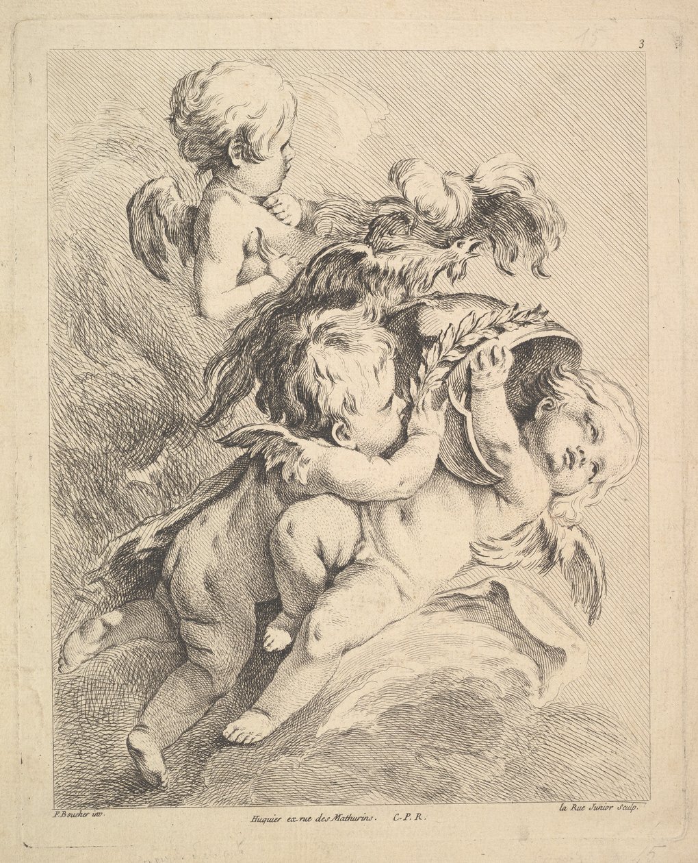 Drei Cupidos halten einen Helm von Louis Felix de la Rue