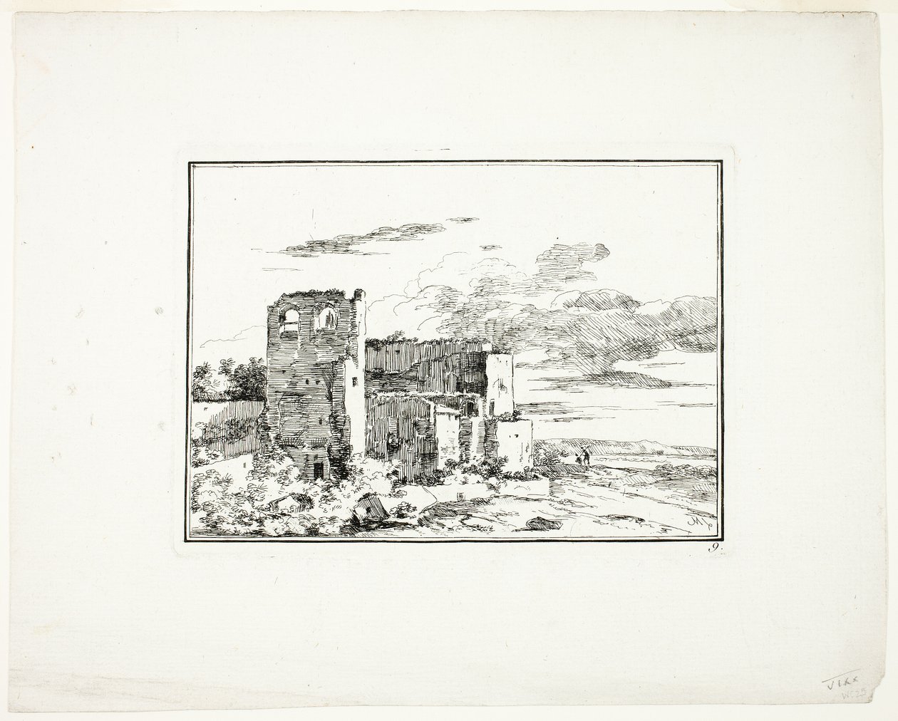 Ruinengebäude an einem Flussufer, Platte 9 aus Quatrieme suite de paysages dessinés et gravé à l’eau-forte par Moreau (Vierte Serie von Landschaften gezeichnet und radiert von Moreau) von Louis Gabriel Moreau