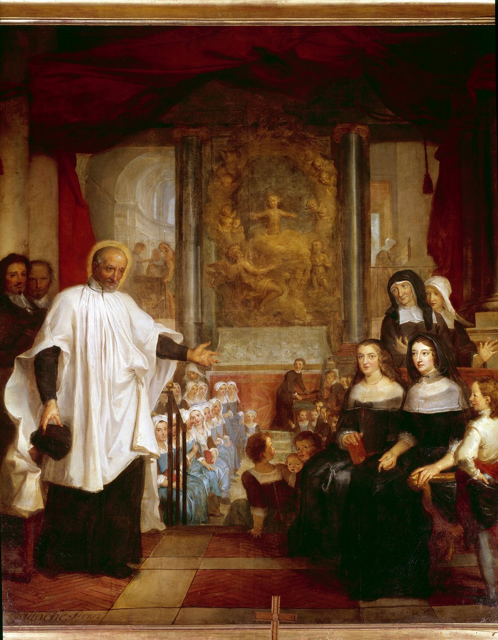 Der heilige Vinzenz von Paul besucht die Einrichtung für Findelkinder vor den Damen der Nächstenliebe von Louis Galloche