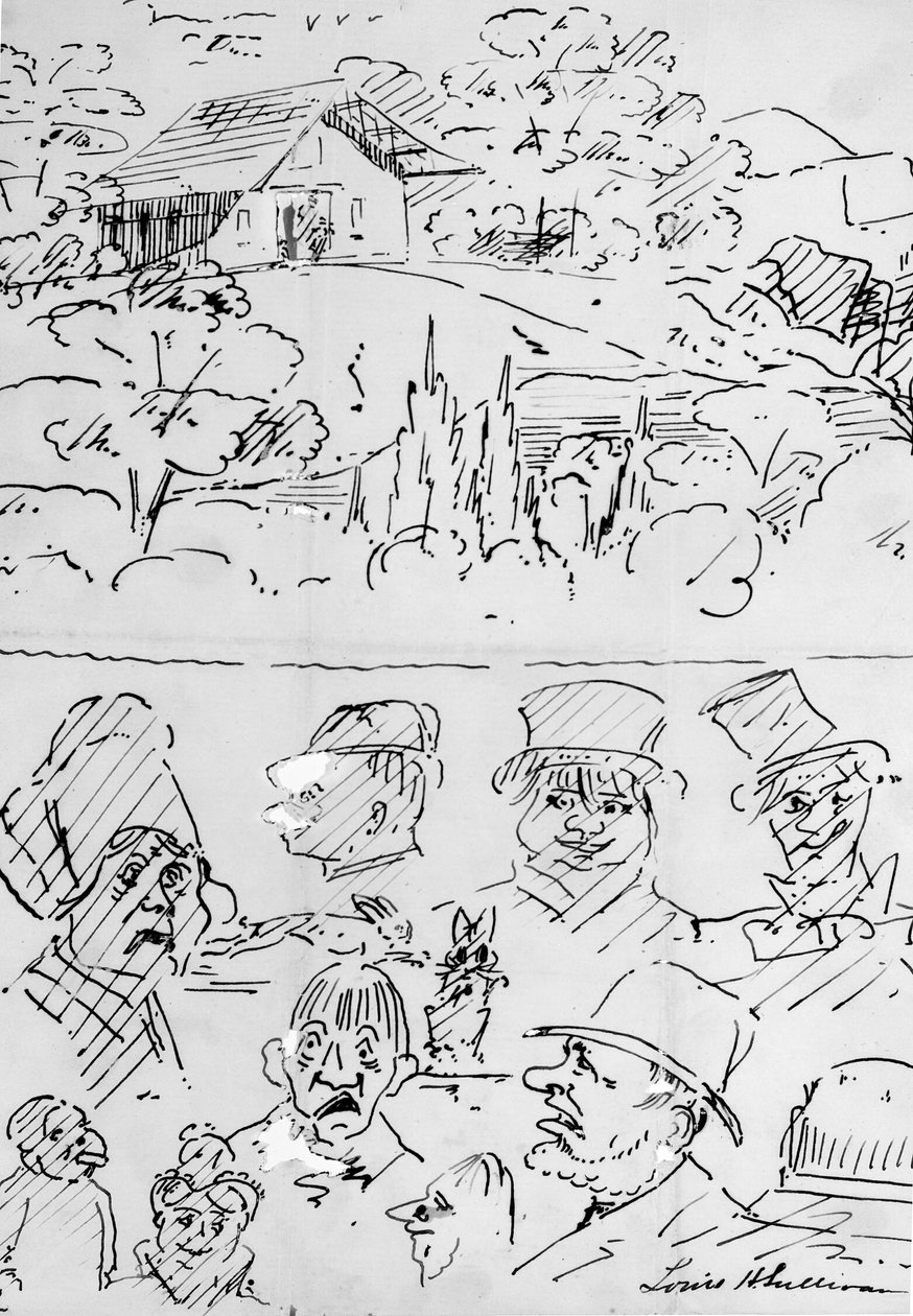 Landschaft mit Gebäude (oben) und Karikaturkopfstudien (unten) von Louis H. Sullivan