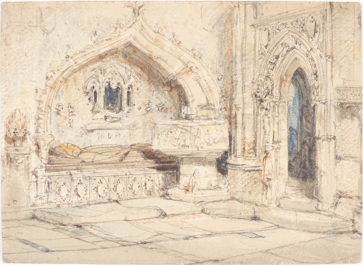 Innenraum einer Kirche mit Wandgrab und mittelalterlichem Taufbecken von Louis Haghe