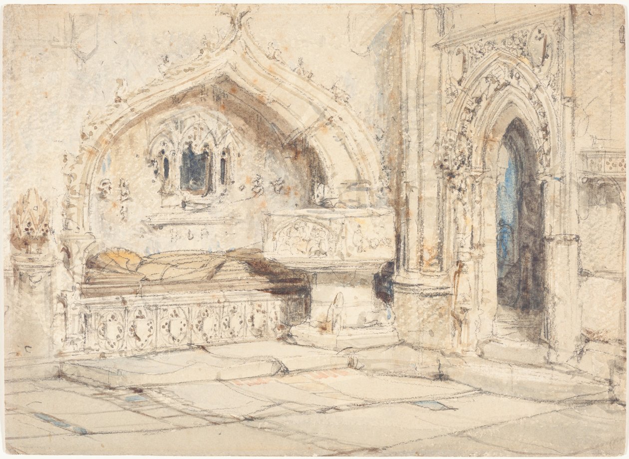 Innenraum einer Kirche mit Wandgrab und mittelalterlichem Taufbecken von Louis Haghe