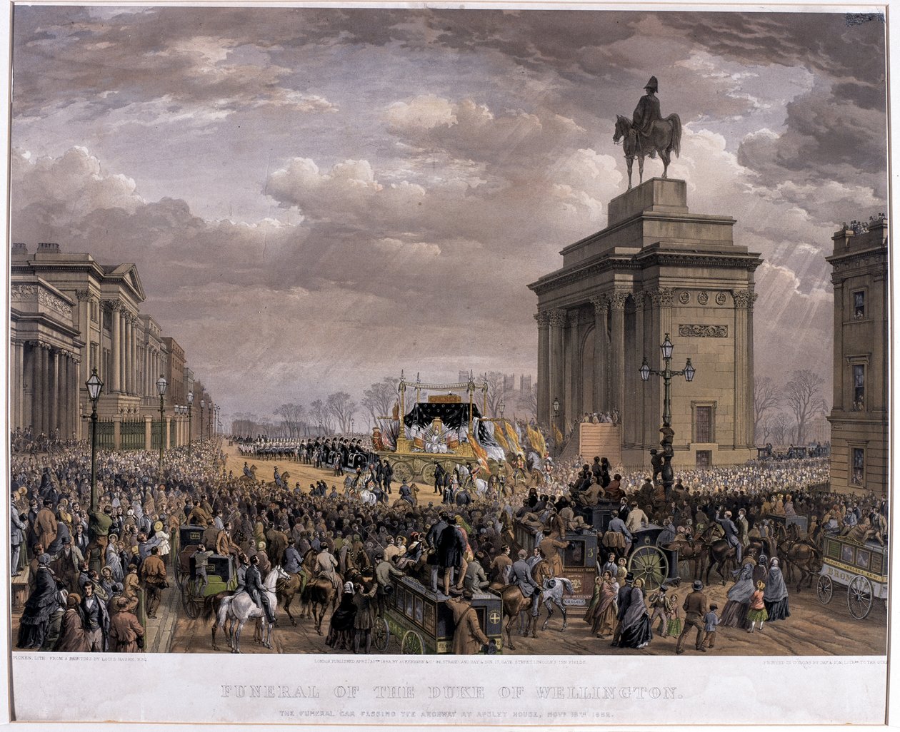 Der Leichenwagen des Herzogs von Wellington (1769-1852) passiert den Torbogen am Apsley House am 18. November 1852, 1853 von Louis Haghe