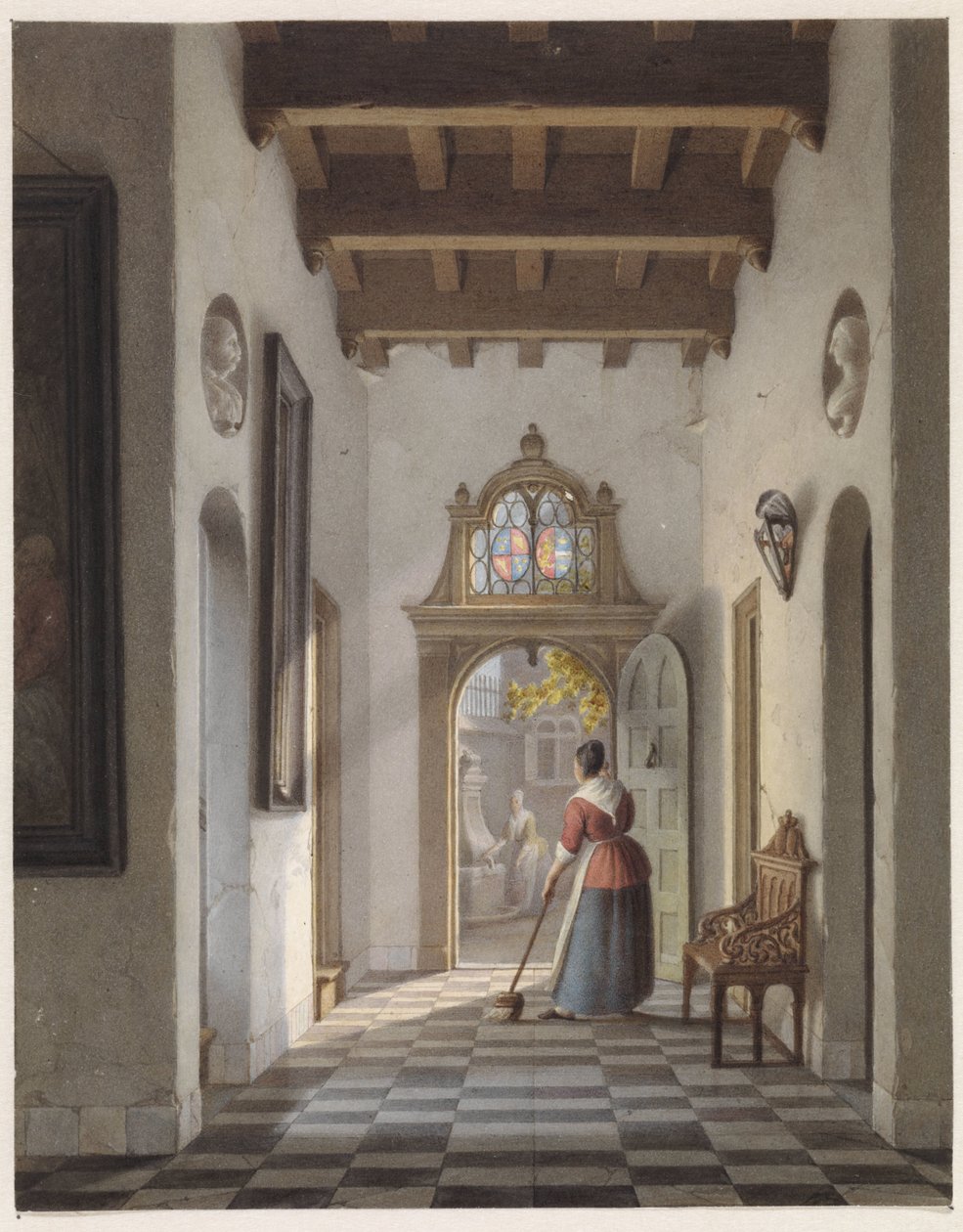 Mädchen, das den Flur eines Hauses fegt von Louis Henri de Fontenay