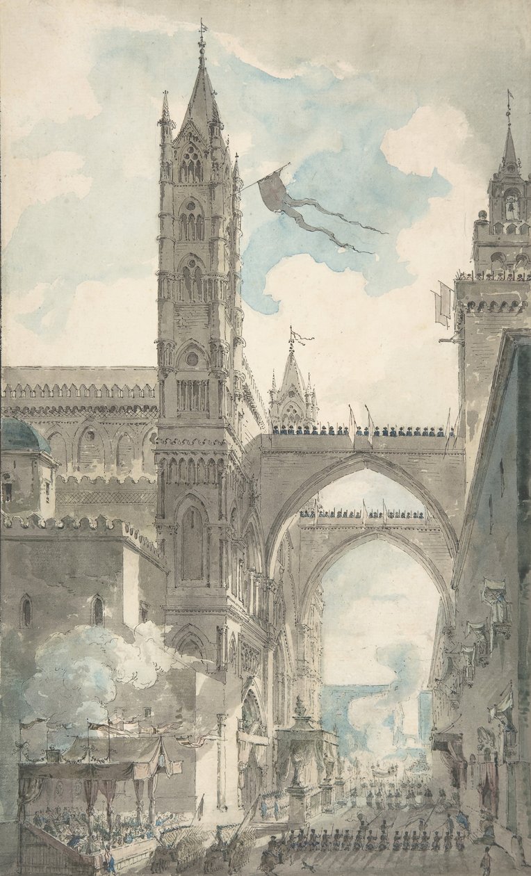 Ansicht des Portals und Haupteingangs der Kathedrale von Palermo während des Festes..., n.d. von Louis Jean Desprez