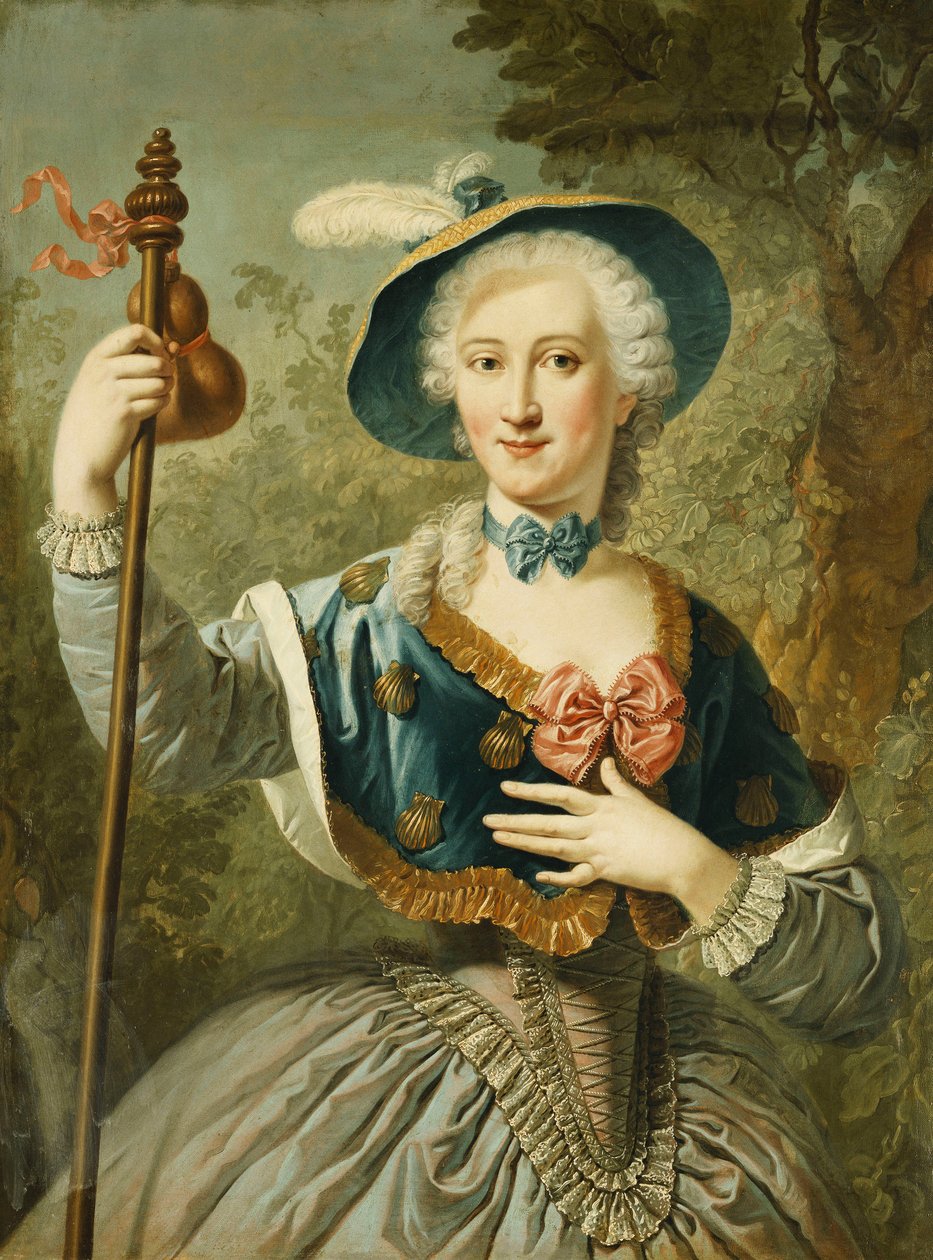 Porträt einer Dame, dreiviertellang, als Pilgerin gekleidet und mit einem blau gefütterten Strohhut und Feder, 1747 von Louis Jean François Lagrenée