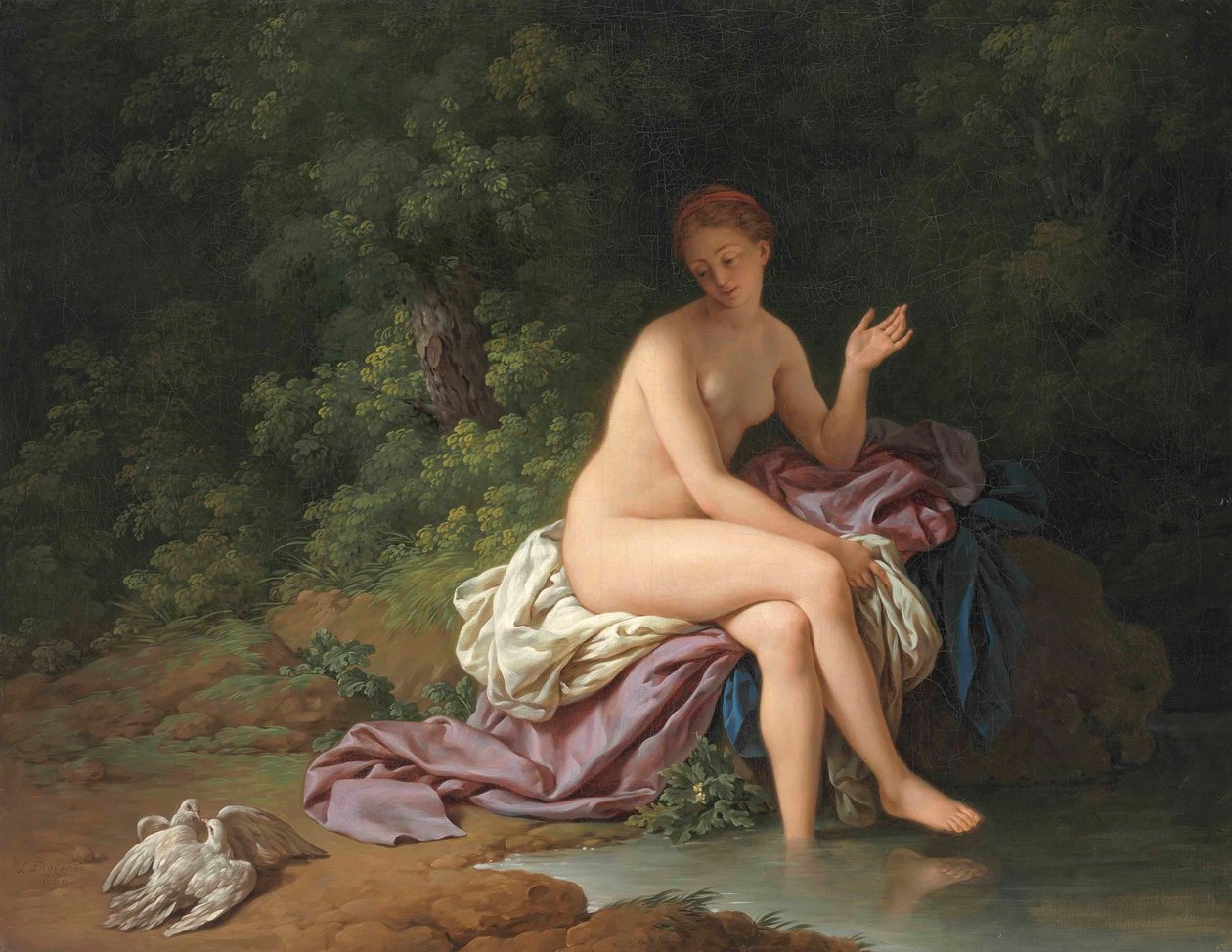 Eine Dame badet an einem Fluss mit zwei Turteltauben von Louis Jean François Lagrenée